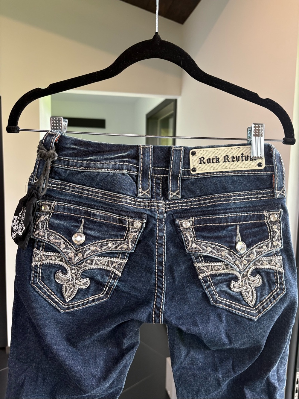 Rock Revival Dark Blue Embroidered Pocket Boot Cut Jeans